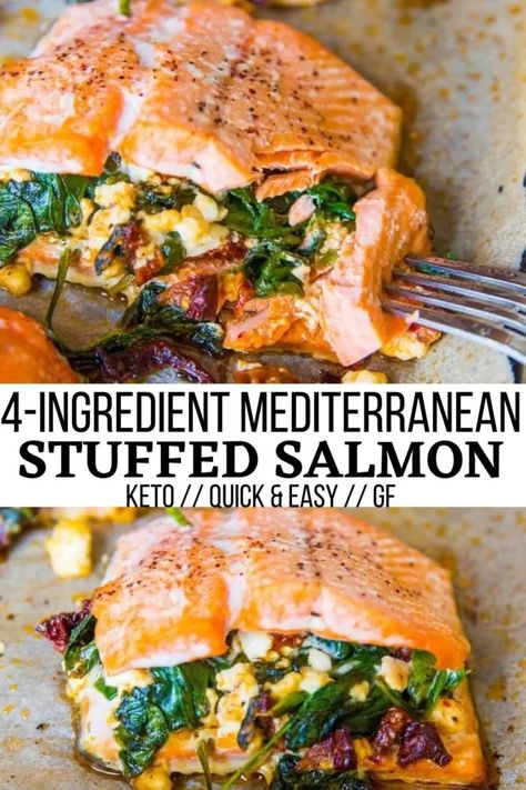 Mediterranean Stuffed Salmon, Healthy Stuffed Salmon, Salmon With Feta, Stuff Salmon, Recipes Mediterranean Diet, Pesto Quinoa, Mediterranean Salmon, Crispy Salmon, Stuffed Salmon