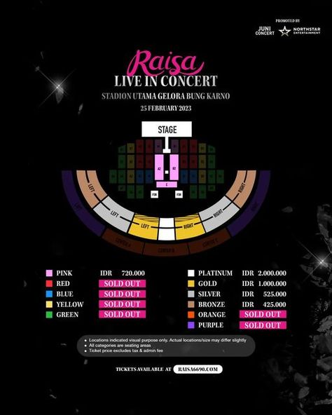 Juni Concert on Instagram: "We hear you guys, so here we go, our new festival seats layout. YourRaisa, all seats will be assigned in the order of your purchase time. These extra Pink Categories are added due to some regulations and stage adjustments. For those who haven’t got the ticket for #RaisaGBK2023, now you can purhcase our new Pink Category on www.raisa6690.com" Event Seating Layout, Concert Layout, Festival Seating, Concert Posters, Orange And Purple, Green And Orange, Seating Area, Layout, Map