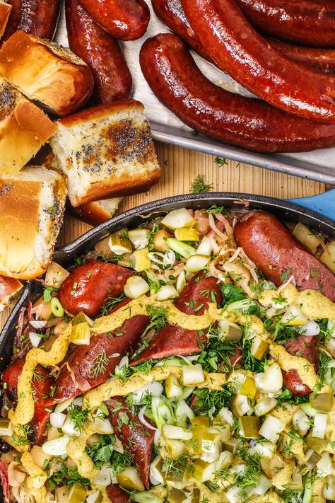 Oktober Gonna Knock You Out: Rachael’s Knockwurst with Spiked Sauerkraut Knockwurst Recipes, Sauteed Apples, Rachel Ray Recipes, Rachael Ray Recipes, Hard Cider, Rachael Ray, Pork Dishes, Sausage Recipes, Dinner Tonight