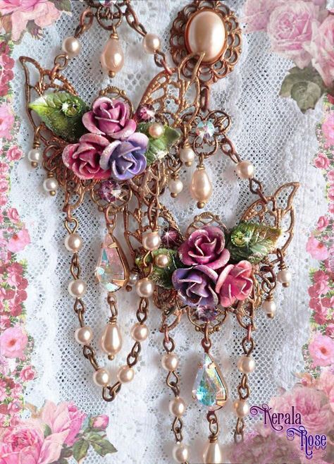 "This pair of Feminine Handmade Butterfly & Roses Chandelier Earrings made with hand-painted rose bouquets in soft pastel shades and accented with Swarovski rhinestones for an added sparkle! The brass butterfly filigrees have been subtly aged for a vintage appeal. Small ivory pearls and Swarovski jewel hang delicately making a beautiful and whimsical arrangement! Available with French Wires, Posts or Clip-Ons. The 1'st image is painted in all pink shades. -4\" Long x 1 1/4\" wide -0.4 oz. ea Pastel Victorian, Pearl Chandelier Earrings, Rose Butterfly, Fantasy Earrings, Pearl Chandelier, Vintage Jewelry Art, Assemblage Jewelry, Earrings Flower, Handmade Beaded Jewelry