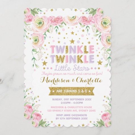 Twinkle Little Star Twins Sisters Birthday Invite Little Star Twins, Star Twins, Sibling Birthday Parties, Birthday Twins, Twins Sisters, Trendy Invitations, 5th Birthday Party Ideas, Twins 1st Birthdays, Twin First Birthday