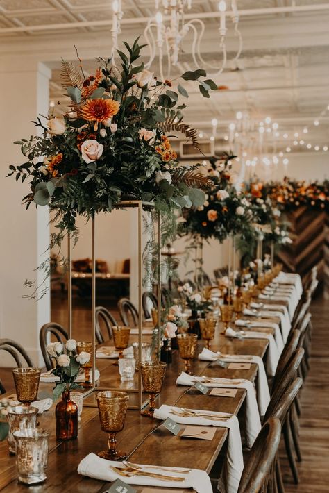 Fall Warehouse Wedding, Autumnal Wedding Flowers Table, Subtle Fall Wedding Decor, Fall Outdoor Wedding Centerpieces, High Table Decorations Wedding, Wedding Reception Floral Centerpieces, Fall Wedding Centerpieces Long Table, Romantic Fall Wedding Centerpieces, Fall Wedding Venues Indoor