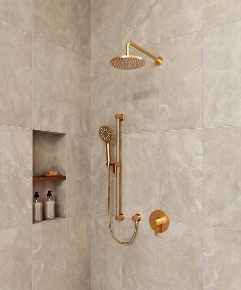 Riobel KIT323NBBG Nibi Brushed Gold 2-Way Shower Kit With Hand Shower Walk In Shower Gold Fixtures, Shower Base With Seat, Gold Shower Fixtures, Bathroom Console, Wall Mount Faucet Bathroom, Shower Columns, Gold Shower, Shower Bases, Shower Drains