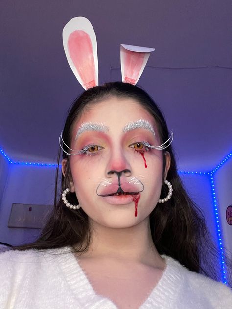 Evil Rabbit Makeup, Scary White Rabbit Costume, Scary Rabbit Costume, Scary Rabbit Makeup, Scary Bunny Makeup, Rabbit Makeup Halloween, Bunny Makeup Halloween, Scary Easter Bunny, Halloween Makeup Blood