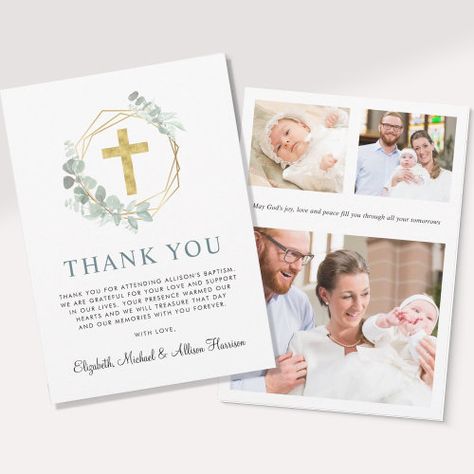 $2.54 | Elegant Gold Cross Eucalyptus Photo Baptism #baptism, thank you, christian, cross, elegant calligraphy script, photo, sage green gold, eucalyptus watercolor, christening, religious Geometric Wreath, Eucalyptus Photo, Baptism Thank You Cards, Green Eucalyptus, Photo Thank You Cards, Christian Cards, Eucalyptus Greenery, Cardboard House, Thank You Messages