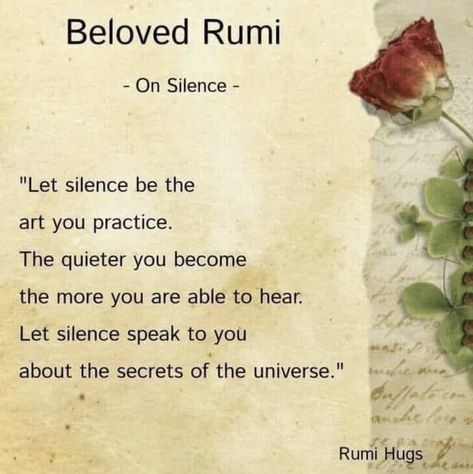 Rumi Quotes On Silence, Practice Silence Quotes, Practicing Silence, Silence Aesthetic, Yoga Intentions, Art Of Silence, Esoteric Knowledge, Guided Meditation Scripts, Rumi Poem