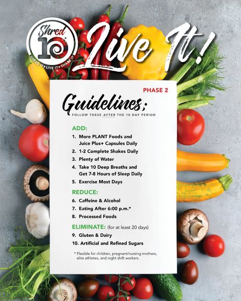 Phase 2 of The Shred 10.  This is what we put into practice after the 10 day jumpstart.  DM me for more information on joining us for our next monthly round. Shred 10 Recipes, Juice Plus Shred 10, Shred 10, Juice Plus Capsules, Broccoli Recipes Side Dish, Spaghetti Recipes Easy, Easy Sandwich Recipes, Balsamic Recipe, Blue Zone