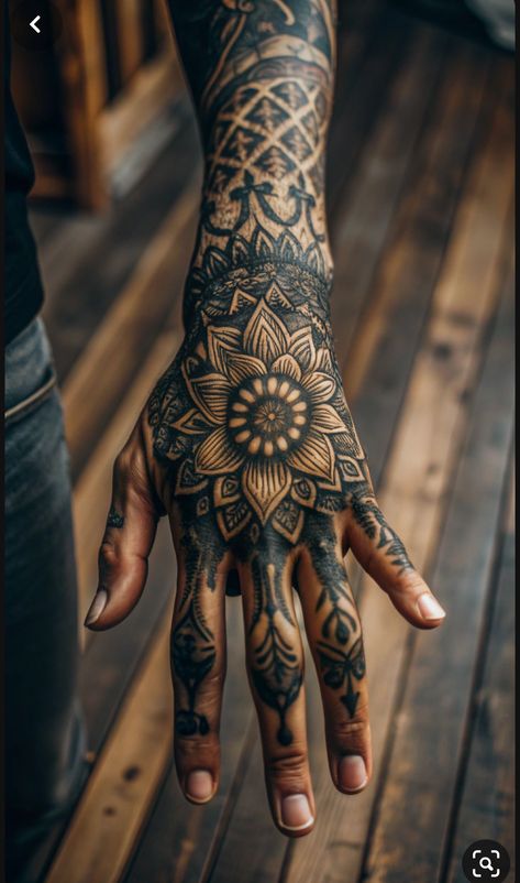 Nordic Hand Tattoos For Guys, Viking Finger Tattoo, Geometric Hand Tattoo Men, Aztec Hand Tattoo, Polynesian Hand Tattoo, Men’s Hand Tattoo, Geometric Hand Tattoo, Hand Cover Up Tattoos, Tacky Tattoos