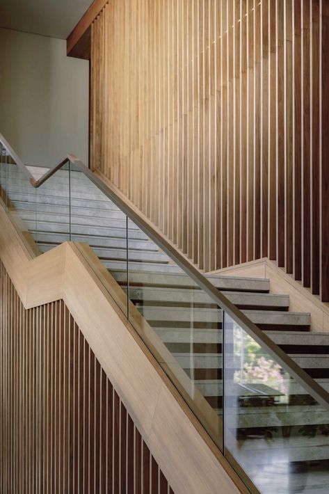 A modern home with a staircase that includes a glass and wood handrail. Glass Handrail, Staircase Handrail, Building Stairs, Timber Slats, Glass Stairs, Wood Staircase, Glass Staircase, Outdoor Dining Room, Wooden Staircases