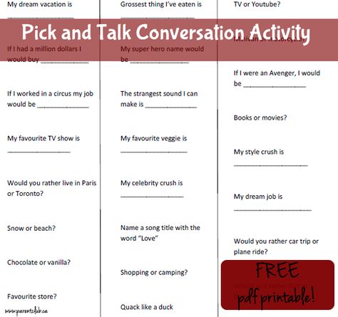 Pick and Talk Conversation Activity Conversation Activities, Conversation Starters For Kids, Birthday Party Activity, Party Activities Kids, Dinner Party Games, School Age Activities, Superhero Names, Activities For Children, Birthday Party Activities