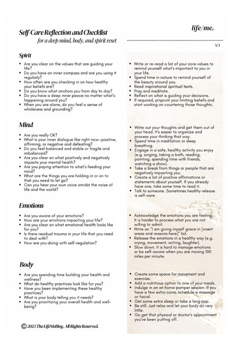 The image includes a self-care checklist to help you reset and it is divided into four categories: mind, emotions, spirit, and body. Organized in two columns, the image lays out reflection prompts on the left and sample actions on the right. Self Help Checklist, 6 Types Of Self Care, Examples Of Self Care, Self Care Practices, Self Care Checklist, Basic Self Care Checklist, Self Care Assessment, Logic And Critical Thinking, Distress Tolerance