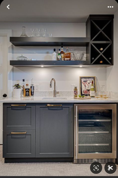 Wet Bar With Green Cabinets, Basement Kitchenette With Floating Shelves, Wet Bar Area In Kitchen, Floating Shelves Above Wet Bar, Modern Wet Bar With Floating Shelves, Floating Shelves Over Wet Bar, Single Wall Home Bar, Wet Bar Nook Ideas, Floating Shelves Drybar