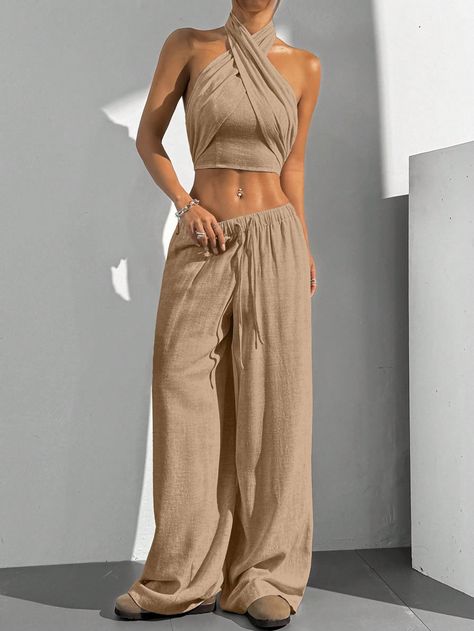 2pcs Women Summer Solid Color Cropped Halter Top And Waist Tie Pants Casual Outfit Brown Casual    Plain  Non-Stretch  Women Clothing, size features are:Bust: ,Length: ,Sleeve Length: Waist Tie Pants, Pants Casual Outfit, Resort Casual, Cropped Halter Top, Tie Pants, Top Halter, Halter Crop Top, Fashion Mistakes, Pants Casual