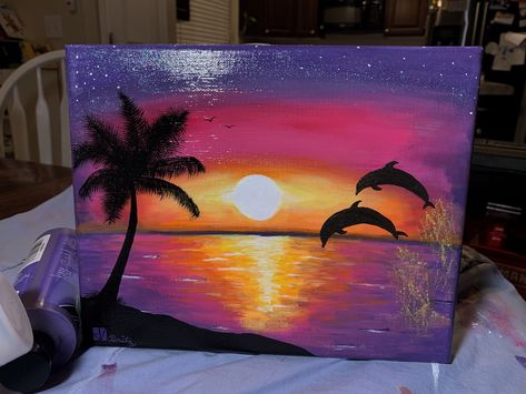 Art Nouveau Interior Design, Nouveau Interior Design, Dolphin Sunset, Dolphin Painting, Sunset Canvas Painting, Art Nouveau Interior, Beach Art Painting, Acrylic Art Projects, Sky Art Painting