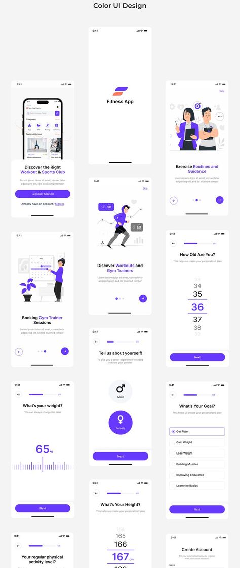 Fitness App | GYM App | Workout App | Figma UI Kit | App UI Design | Sports Club App | UI UX Design Gym App Design, Fitness App Ui Design, Sport App Design, Fitness Apps Design, App Workouts, Goal App, Fitness App Ui, App Workout, Checklist App