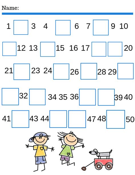 Kindergarten free math printable. Write the missing number 1-50. Print it free today! Math Worksheets For Kindergarten Free Printables, Missing Numbers 1-50 Worksheets, 1 To 50 Worksheets, Worksheet Math For Kindergarten, Maths Worksheets For Kindergarten, Homeschool Worksheets Free, Easy Math Worksheets, Free Math Printables, Kindergarten Math Free