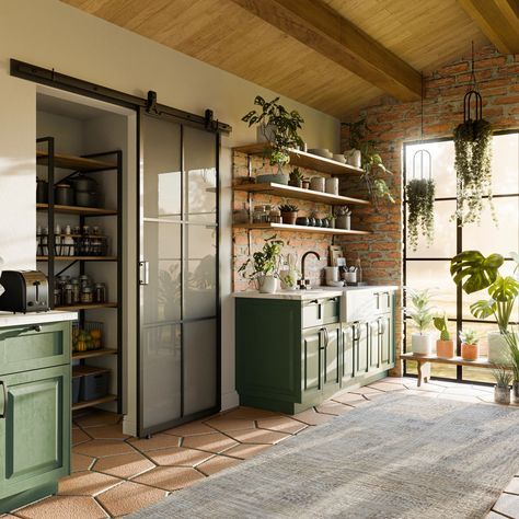 A cottage-style kitchen with slat ceiling, white walls, green cabinets, lots of plants and a sliding glass barn door leading into a pantry Oak Kitchens, Masonite Doors, Latest Kitchen Designs, Black Front Doors, Barn Door Kit, Organic Kitchen, Oak Kitchen Cabinets, Kitchen Design Trends, Brass Fixtures