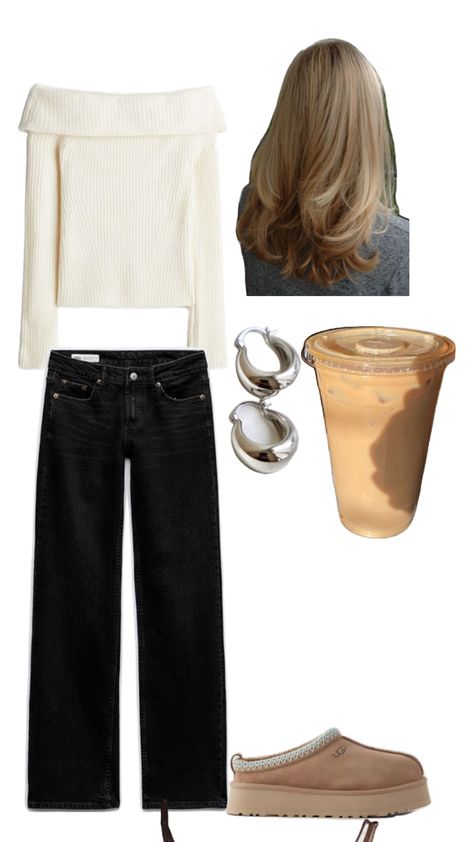 black low rise jeans,white sweater,uggs,blowout,silver hoops Black Low Rise Jeans Outfit, Black Low Rise Jeans, Sweater Uggs, Low Rise Jeans Outfit, Outfit Ideas Fall, Jeans White, White Sweater, Low Rise Jeans, Silver Hoops