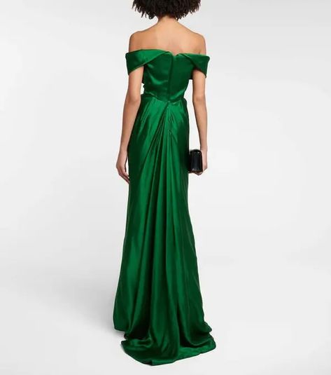 VIVIENNE WESTWOOD Off-shoulder Satin Gown - Green | Editorialist Vivienne Westwood Gown, Green Satin Dress, Off Shoulder Gown, Boned Corsets, Silk Gown, Satin Gown, Green Satin, Vivienne Westwood, Satin Dresses