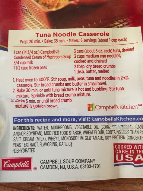 Campbell's Tuna Noodle Casserole. I would definitely double the cream of mushroom and breadcrumbs. Besides that, it was AWESOME! And SO easy! Campbells Tuna Noodle Casserole, Campbells Recipes, Tuna Casserole Recipes, Tuna Noodle Casserole, Tuna Noodle, Tuna Casserole, Noodle Casserole, Cream Of Mushroom, Tuna Recipes