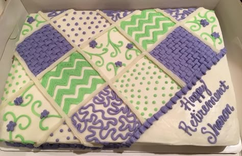 Quilt Birthday Cake idea Quilt Cake Ideas, 80th Bday Cake, Retirement Centerpieces, 60 Birthday Ideas, Quilt Cake, Birthday Party Ideas Games, Patchwork Cake, Frosting Flavors, 75 Birthday Cake