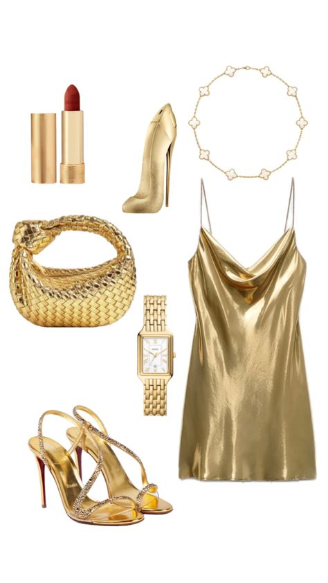 Silky Gold Dress, New Years Miami Outfit, Gold Bachelorette Party Outfit, Golden Bachelorette Party, Gold Aesthetic Outfit, Golden Birthday Outfit, Gold Outfit Aesthetic, Mini Jodie Outfit, Gold Bachelorette Party