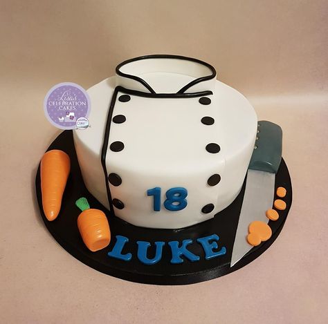 Chef coat Victoria sponge cake with edible knife and sugar carrots for a young man training to be a chef. Chef Coat Cake, Sugar Carrots, Victoria Sponge Cake, Chef Coat, Victoria Sponge, A Chef, Sponge Cake, 8th Birthday, Celebration Cakes