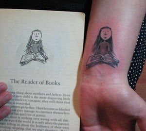 Nothing beats the Goodnight Moon tattoo Literature Tattoo Ideas, Matilda Tattoo Ideas, Literary Tattoos Books, Matilda Tattoo, Tattoos Dragonfly, Harry Styles Matilda, Garter Tattoos, Literature Tattoos, Rosary Tattoos