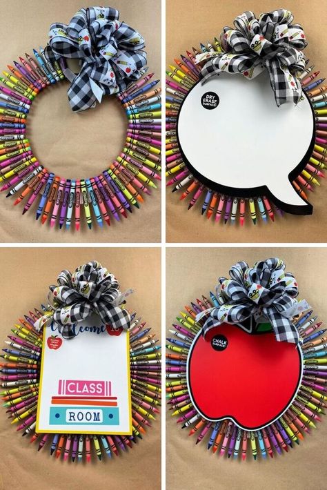 Welcome your students back to school in a big way with this awesome and creative crayola wreath idea for your classroom door. Pick up these items at the dollar store for this quick back to school wreath. #hometalk Back To School Wreaths, Back To School Wreath, Spray Paint Vases, Crayon Wreath, School Wreaths, Concrete Bird Bath, Yard Sticks, Diy Spray Paint, Diy Cat Tree