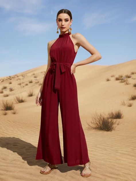 Free Returns ✓ Free Shipping On Orders $49+ ✓. Tie Back Halter Neck Belted Wide Leg Jumpsuit- Women Jumpsuits at SHEIN. Chiffon Jumpsuit, Halter Neck Jumpsuit, Formal Jumpsuit, Cocktail Outfit, Halter Jumpsuit, Jumpsuit Elegant, Wide Leg Jumpsuit, Tie Back, Halter Neck