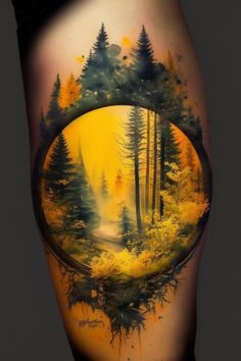 Sun Through Trees Tattoo, Scenery Tattoo Sleeve Women, Animal And Nature Tattoo, Landscape Back Tattoo, Nature Shoulder Tattoos For Women, Dark Forest Tattoo Design, Forest Scene Tattoo, Forest Theme Tattoo, Forest Animal Tattoo