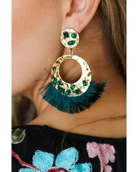 Elevate your style with these Emerald Rhinestone Tassel Gold Drop Earrings. Featuring dazzling rhinestones and chic tassels, these earrings are a must-have accessory for any fashionista. Get yours today! Denim Short Dresses, Straw Tote, Beaded Hoops, Dress Rings, Beaded Dangle Earrings, Knot Headband, Gold Drop Earrings, Beaded Dangles, Beaded Chain