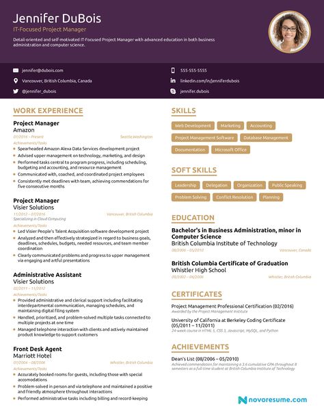 Project Manager Resume [2019] - Example & Full Guide Project Management Quotes, Project Management Dashboard, One Page Resume Template, Project Manager Resume, Job Resume Samples, Program Manager, Chronological Resume, Good Resume Examples, Project Management Templates