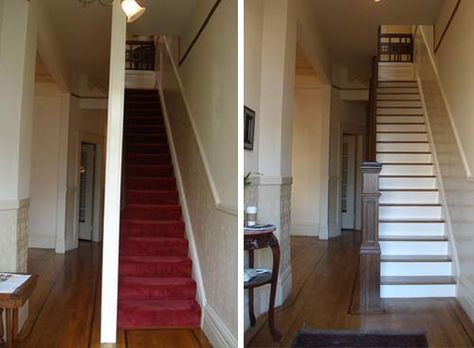 This is what I want to do to our stairs... Knock out the wall and put up rails! Opening Up A Staircase Before And After, Open Up Staircase Wall Before And After, Opening Staircase Wall Before And After, Opening Up Staircase Wall, Stair Styles, Remodel Staircase, Victorian Home Remodel, San Francisco Victorian, Victorian Staircase