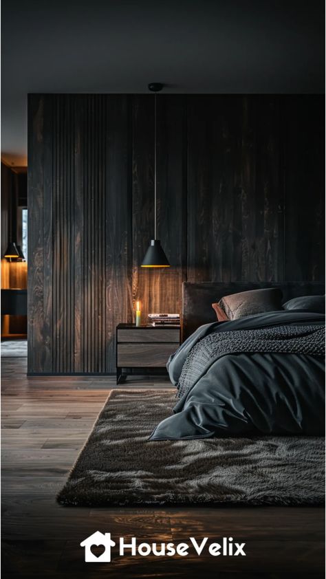 Dark Wood Finishes Wabi Sabi Bedroom Design, Dark Minimalist Bedroom, Modern Wood House, Moody Bedroom Decor, Dark And Moody Bedroom, Moody Bedroom Ideas, Dark Wood Bedroom, Moody Home Decor, Dark Accent Walls