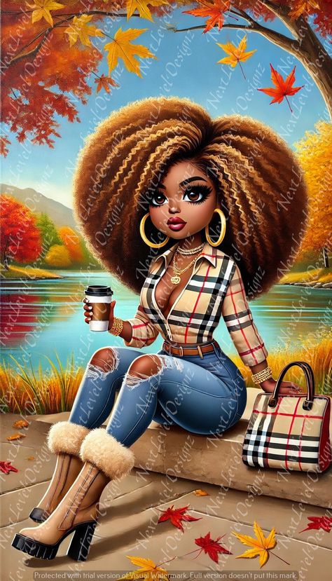 Embrace the beauty of autumn with this stunning, full-view oil painting featuring a confident and stylish African-American chibi female character. This one-of-a-kind artwork captures not only the essence of the season but also the character's unique style and personality. Perfect for those who love vibrant, detailed art that radiates confidence and warmth, this piece is ideal for adding a touch of autumnal charm to your living space. Whether you're decorating your home, office, or gifting a love Animated Black Women, Chibi Female, Images Of Black Women, African American Inspiration, Art Black Love, Planer Cover, Black Woman Artwork, Detailed Art, Black Artwork