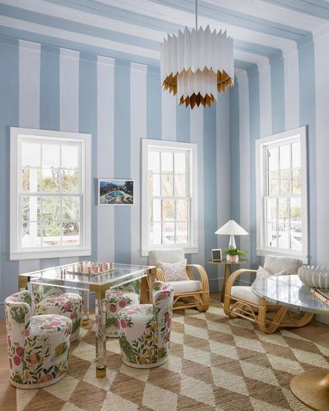 Florida Homes Interior Design, Island Whimsy, Wall Stripes, Megan Molten, Got Any Games, Card Room, Striped Walls, Laser Level, Checkered Rug