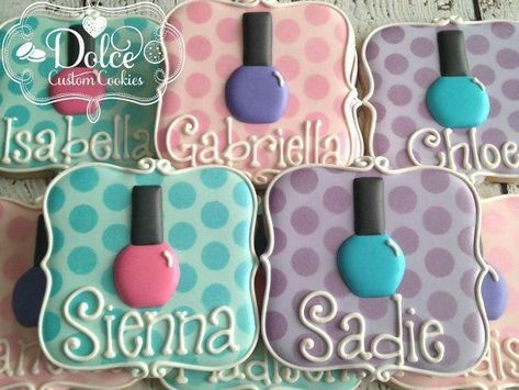 Nail Polish Cookies, Camping Birthday Party Cake, Spa Cookies, Polish Cookies, Personalized Birthday Favors, Spa Day Party, Nail Party, Large Cookies, Cupcake Gift