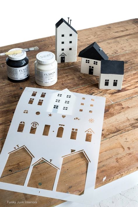 House Christmas Decor, Christmas Tree Stencil, Small Wooden House, Diy Christmas Village, Unique Holiday Decor, Wood Block Crafts, Pencil Christmas Tree, Funky Junk Interiors, Christmas Village Houses