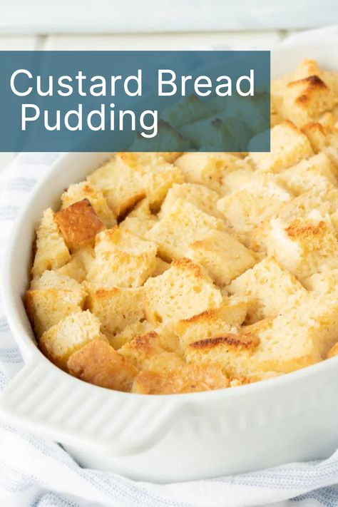 Custard bread pudding is a timeless dessert with cubes of bread baked to golden brown in a rich, vanilla custard. Serve with caramel or butterscotch dessert sauce! Custard Bread Pudding, Custard Bread, Butterscotch Desserts, Traditional Bread Pudding, Rhubarb Pudding, Oat Crumble Topping, Hot Fudge Cake, Dried Raisins, Custard Sauce