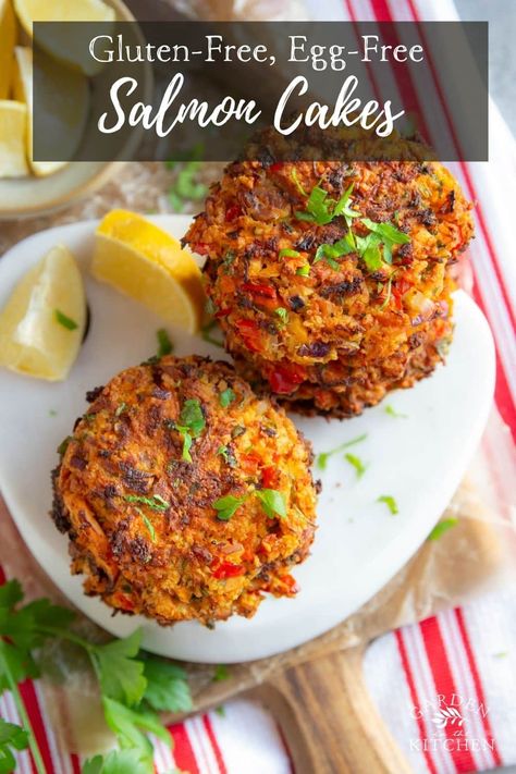 These one-bowl Gluten Free Salmon Cakes are baked instead of fried, leaving every bite tasting light and fresh. Made with simple ingredients, this party snack or appetizer is packed with zesty, spicy, and tangy flavors! No Egg Salmon Patties, Egg Free Salmon Patties, Eggless Salmon Patties, Gluten Free Salmon Cakes, Salmon Cakes With Fresh Salmon, Gluten Free Salmon Patties, Gluten Free Egg Free Recipes, Canned Salmon Cakes, Healthy Salmon Cakes