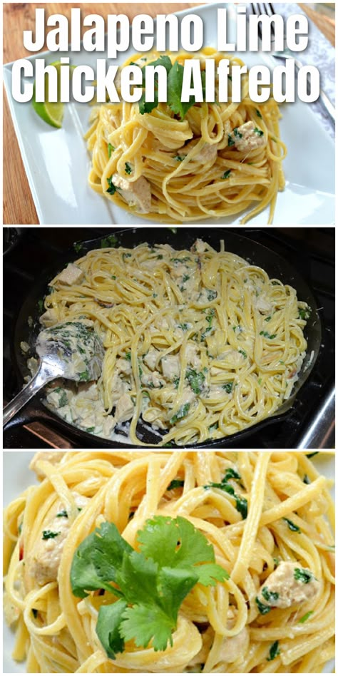 Top photo is a side angle shot of a plate of Jalapeño Lime Chicken alfredo, the middle photo is the Jalapeno Lime Chicken alfredo in pan and the last shot is a down shot of Jalapeno Lime Chicken Alfredo. Jalapeño Chicken Pasta, Jalapeño Lime Cheddar Chicken, Jalapeño Lime Chicken, Lime Pasta Recipes, Jalapeno Pasta Recipes, Spicy Chicken Alfredo Pasta, Tequila Lime Chicken Pasta, Cilantro Lime Chicken Pasta, Chicken Jalapeno Recipes