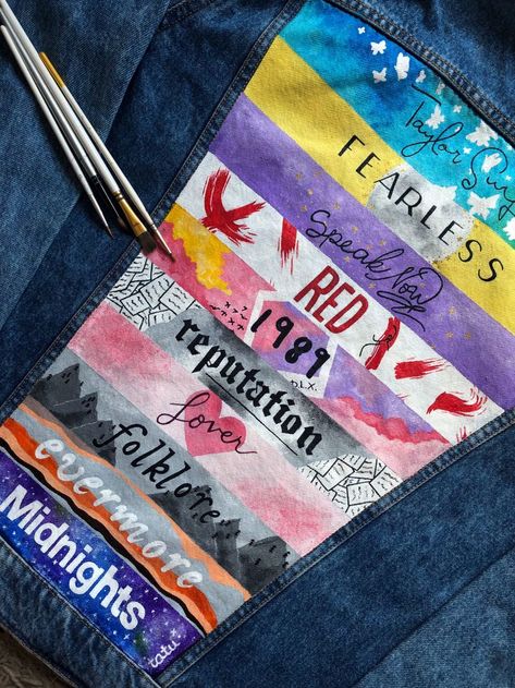 Taylor Swift Painting Ideas Albums, Taylor Swift Eras Jean Jacket Diy, Taylor Swift Eras Tour Painting, Eras Tour Painted Jacket, Swiftie Jean Jacket, Painted Denim Jacket Taylor Swift, Taylor Swift Jacket Ideas, Jean Jacket Eras Tour, Taylor Swift Custom Jacket