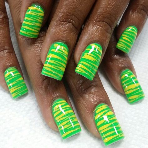 Neon green with yellow stripes Neon Green Nail Art Designs, Green And Yellow Nail Art, Neon Green And Yellow Nails, Green And Yellow Nails, Summer Nails Neon, Neon Yellow Nails, Tiger Nails, Neon Green Nails, Aqua Nails