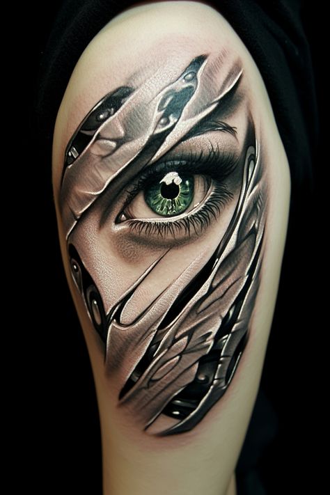 Realistic tattoo of a green eye partially covered by metal, creating a cybernetic look. Optical Illusion Stairs, 3d Tattoo Ideas, 3d Tattoo Designs, Zipper Tattoo, Best 3d Tattoos, Realistic Butterfly Tattoo, American Traditional Tattoos, Lantern Tattoo, Create A Tattoo