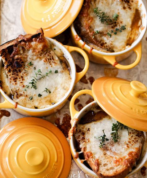 Make joy in the kitchen with sunny colors (Nectar!), fun cookware (Mini Cocottes!), and soothing meals (French Onion Soup!). This delicious soup recipe uses pantry staples and shelf stable ingredients. 📸 by @eatchofood. Le Creuset Mini Cocotte, Le Creuset Kitchen, French Onion Soup Recipe, Delicious Soup Recipes, Pantry Staples, French Onion Soup, French Onion, Onion Soup, French Food