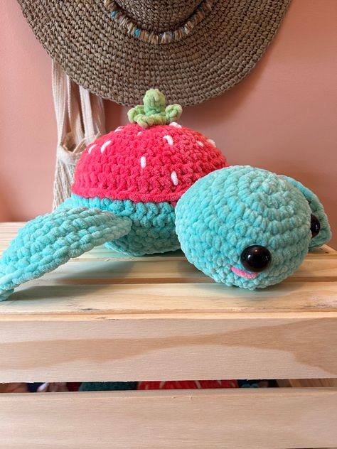 Strawberry sea turtle. Based on design by Crochet by Genna Crochet By Genna, Strawberry Turtle, Turtle Plush, Fall Crochet Patterns, Fall Crochet, Crochet Strawberry, Drawing Prompts, Crocheting Ideas, Crochet Turtle