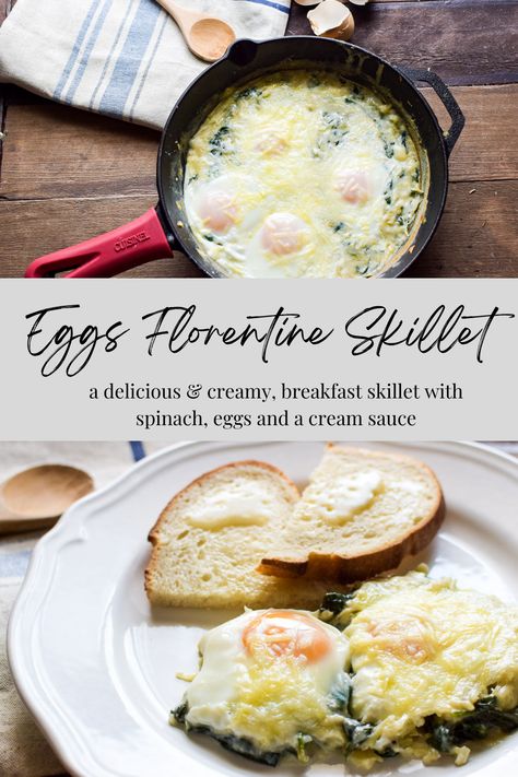 This skillet Eggs Florentine is a delicious, creamy baked eggs with veggies breakfast that is simple to make and perfect for a cozy weekend morning. Baked Egg Florentine, Eggs Florentine Casserole, Baked Eggs Florentine, Florentine Eggs, Meals With Eggs, Eggs Florentine Recipe, Creamy Baked Eggs, Egg Florentine, Eggs With Veggies