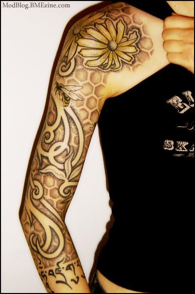 Honeycomb Tribal | BME: Tattoo, Piercing and Body Modification News Charlie Bumblebee, Sleeve Filler Ideas, Tattoo Sleeve Filler Ideas, Coolest Tattoo, Sleeve Inspiration, Sleeve Filler, Honeycomb Tattoo, Tattoo Sleeve Filler, Art Nouveau Tattoo