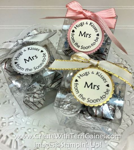 Stampin’ Up!’s Clear Tiny Treat Boxes work perfect for these cute Shower Favors filled with Hershey’s Hugs & Kisses. You can change the text to read  ‘Hugs & Kisses from the new Mr. & Mrs.’ for wedding favors.                      … Read More Tiny Treats, Hugs Kisses, Hugs And Kisses, Treat Boxes, Shower Favors, The Text, Wedding Favors, Shower Ideas, Stampin Up